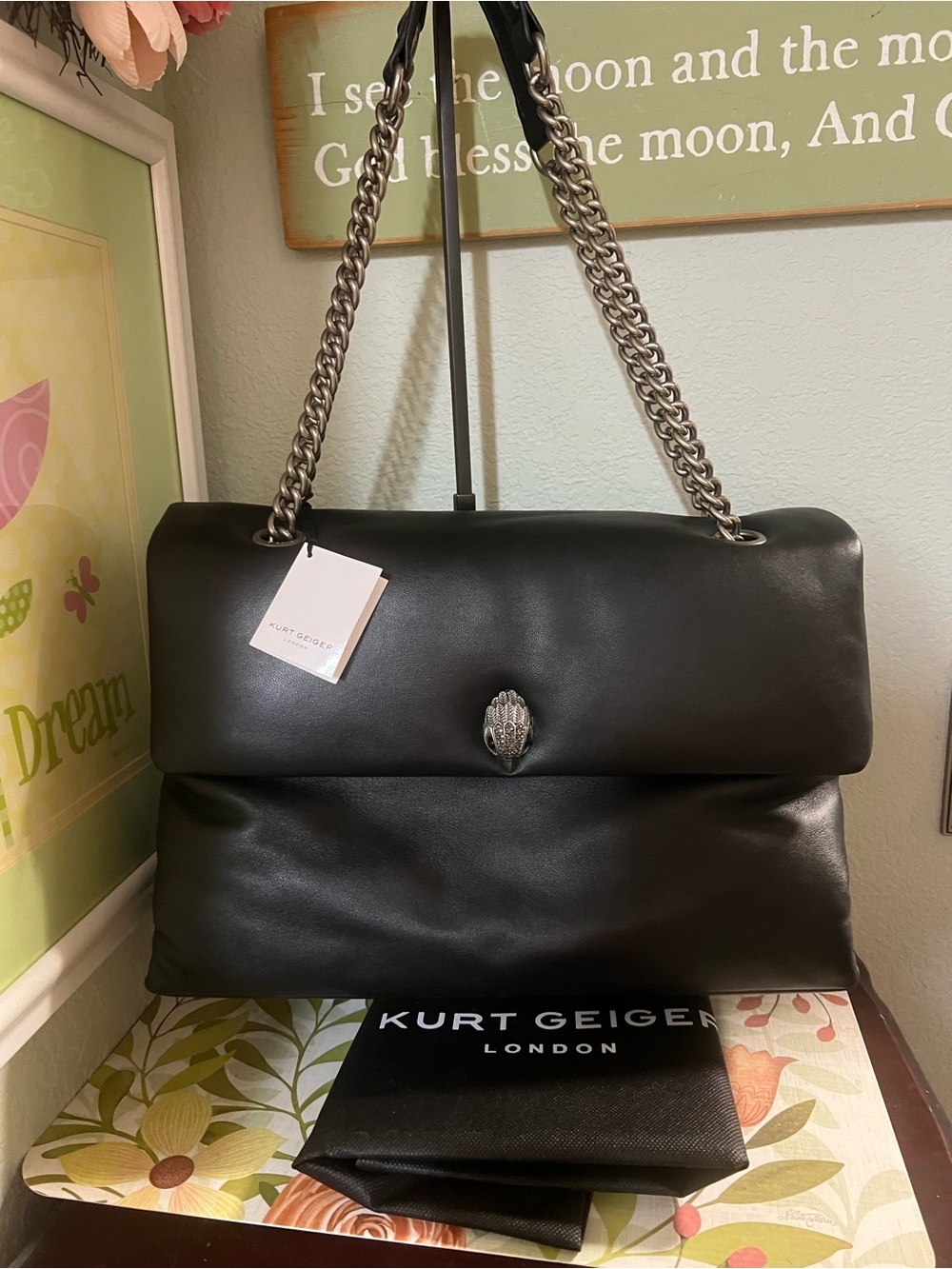 NWT Kurt Geiger London Kew Leather Shoulder Bag Tote Black Leather XXL #KGTS
